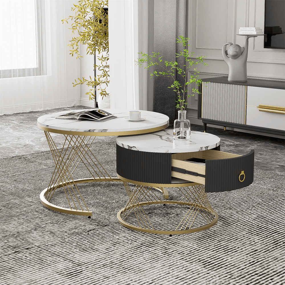 Eleganter zusammensetzbarer Couchtisch: Marmoroptik, Golddekor, Beistelltisch mit Schubladen – 2er-Set
