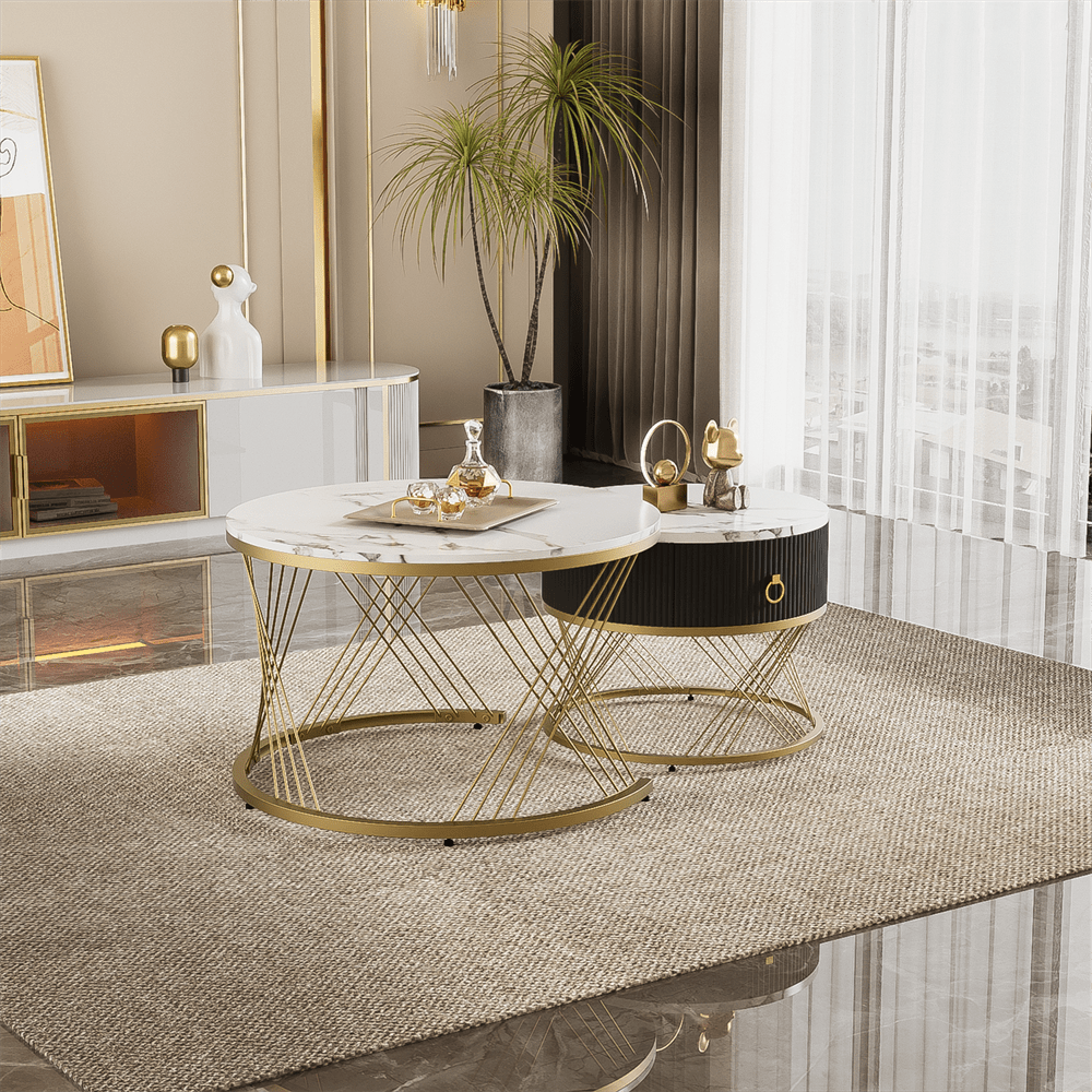 Eleganter zusammensetzbarer Couchtisch: Marmoroptik, Golddekor, Beistelltisch mit Schubladen – 2er-Set