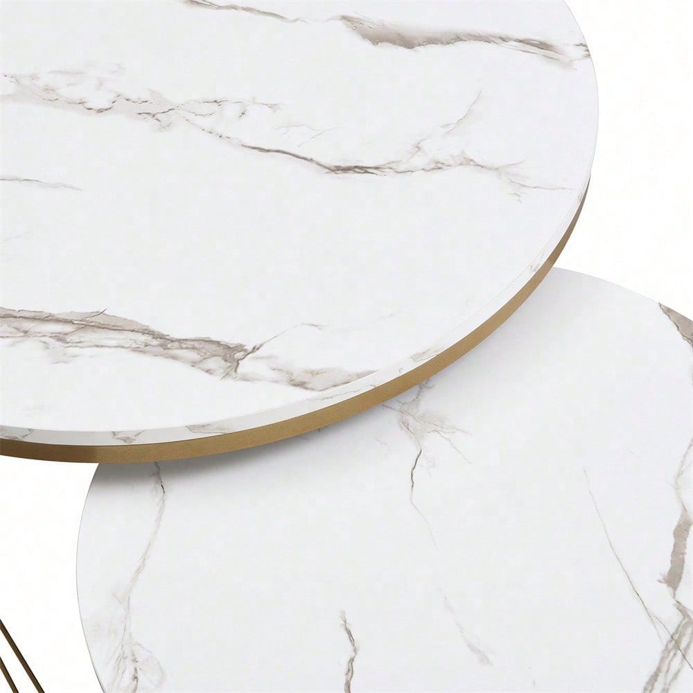 Eleganter zusammensetzbarer Couchtisch: Marmoroptik, Golddekor, Beistelltisch mit Schubladen – 2er-Set