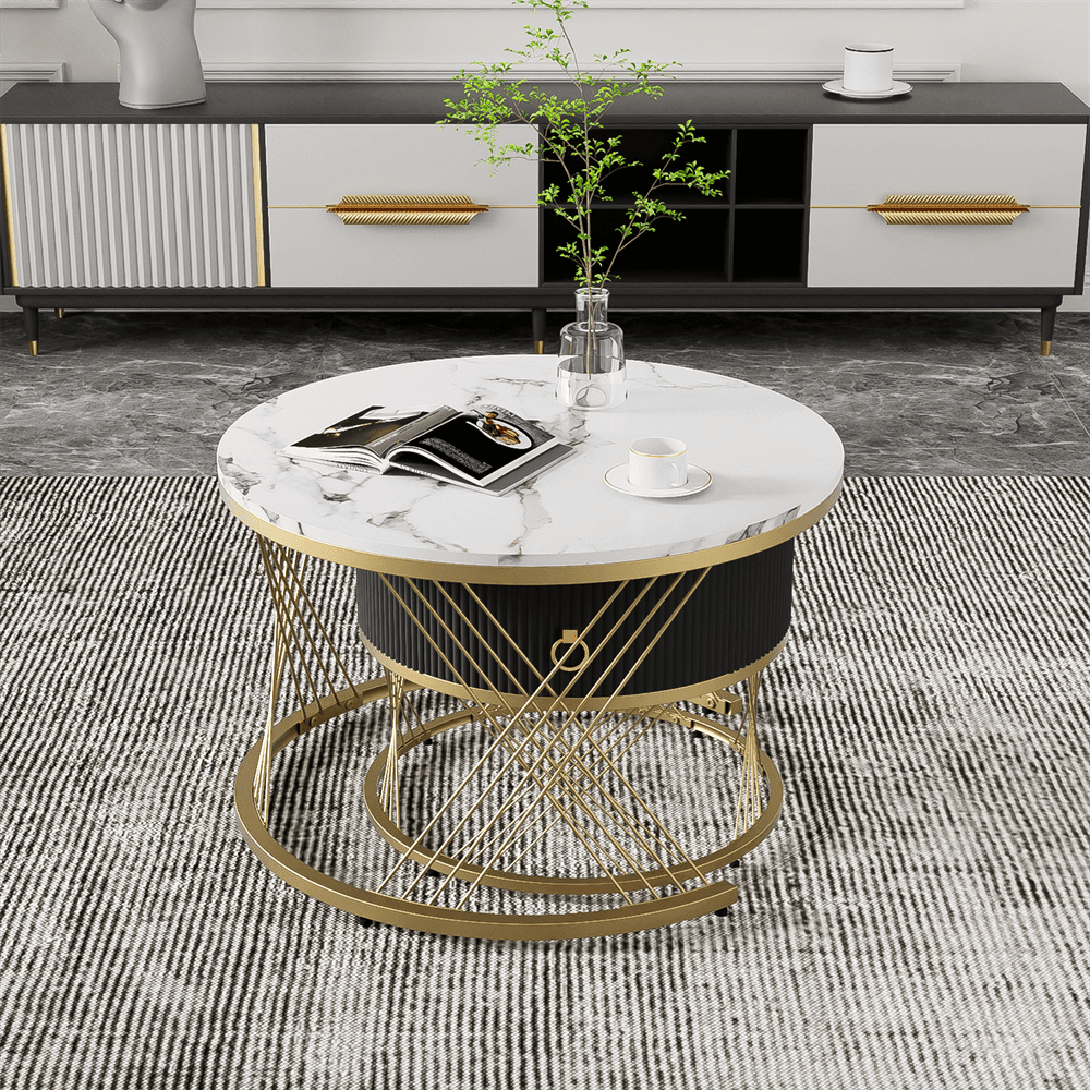 Eleganter zusammensetzbarer Couchtisch: Marmoroptik, Golddekor, Beistelltisch mit Schubladen – 2er-Set
