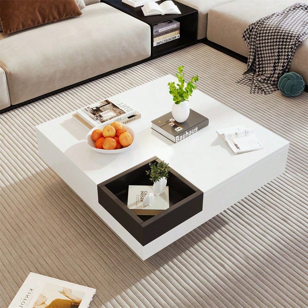 Couchtisch, Hochglanz-Wohnzimmertisch, Beistelltisch mit abnehmbarer Aufbewahrungsbox, Farbblockweiß und Schwarz, 72*72*30 cm, Mit LED-Lichteffekt