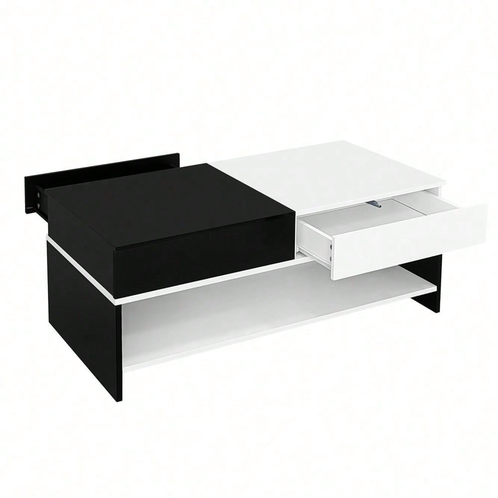 Moderner Couchtisch mit 2 Schubladen – Schwarz-Weiß-Design, Stauraum, Hochglanz-Tischplatte, 100 cm lang
