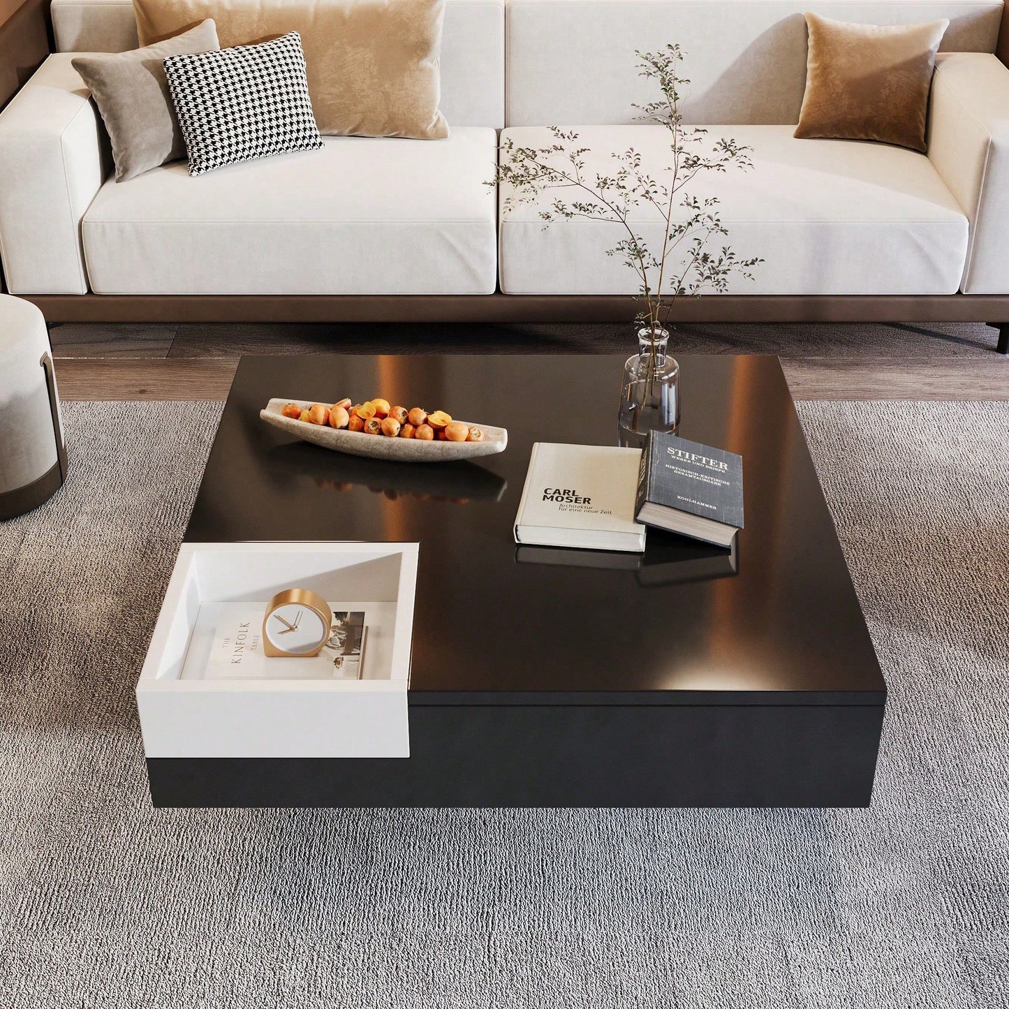Couchtisch, Hochglanz-Wohnzimmertisch, Beistelltisch mit abnehmbarer Aufbewahrungsbox, Farbblockweiß und Schwarz, 72*72*30 cm, Mit LED-Lichteffekt.