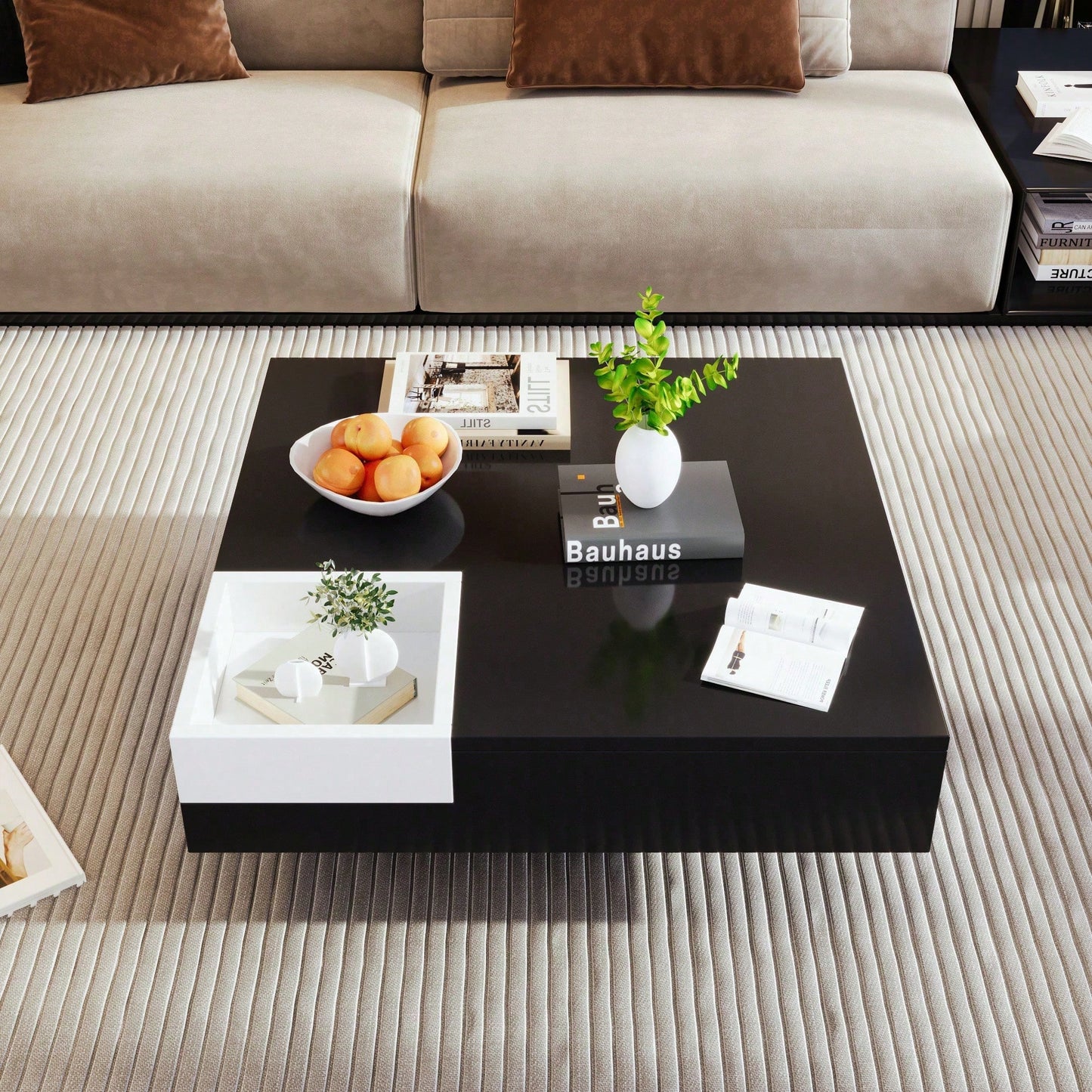 Couchtisch, Hochglanz-Wohnzimmertisch, Beistelltisch mit abnehmbarer Aufbewahrungsbox, Farbblockweiß und Schwarz, 72*72*30 cm, Mit LED-Lichteffekt.