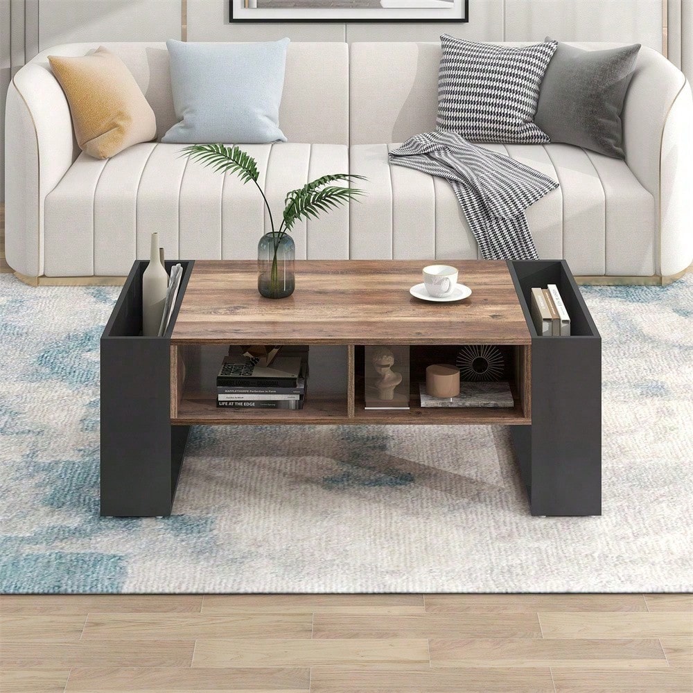 Couchtisch aus Holzmaserung, mit Eine grifflose Schublade, ein Staufach und Heckstaufach,doppelseitiger Stauraum. Mit Staufächern auf beiden Seiten. Wohnzimmer-Sofatisch, großer Stauraum. Anthrazit.