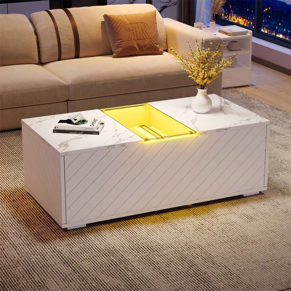 Weißer Couchtisch 100x50x35cm mit Marmoroptik, LED-Beleuchtung, Glas-Element und 2 Schubladen – Belastbar bis 20 kg, modernes Design