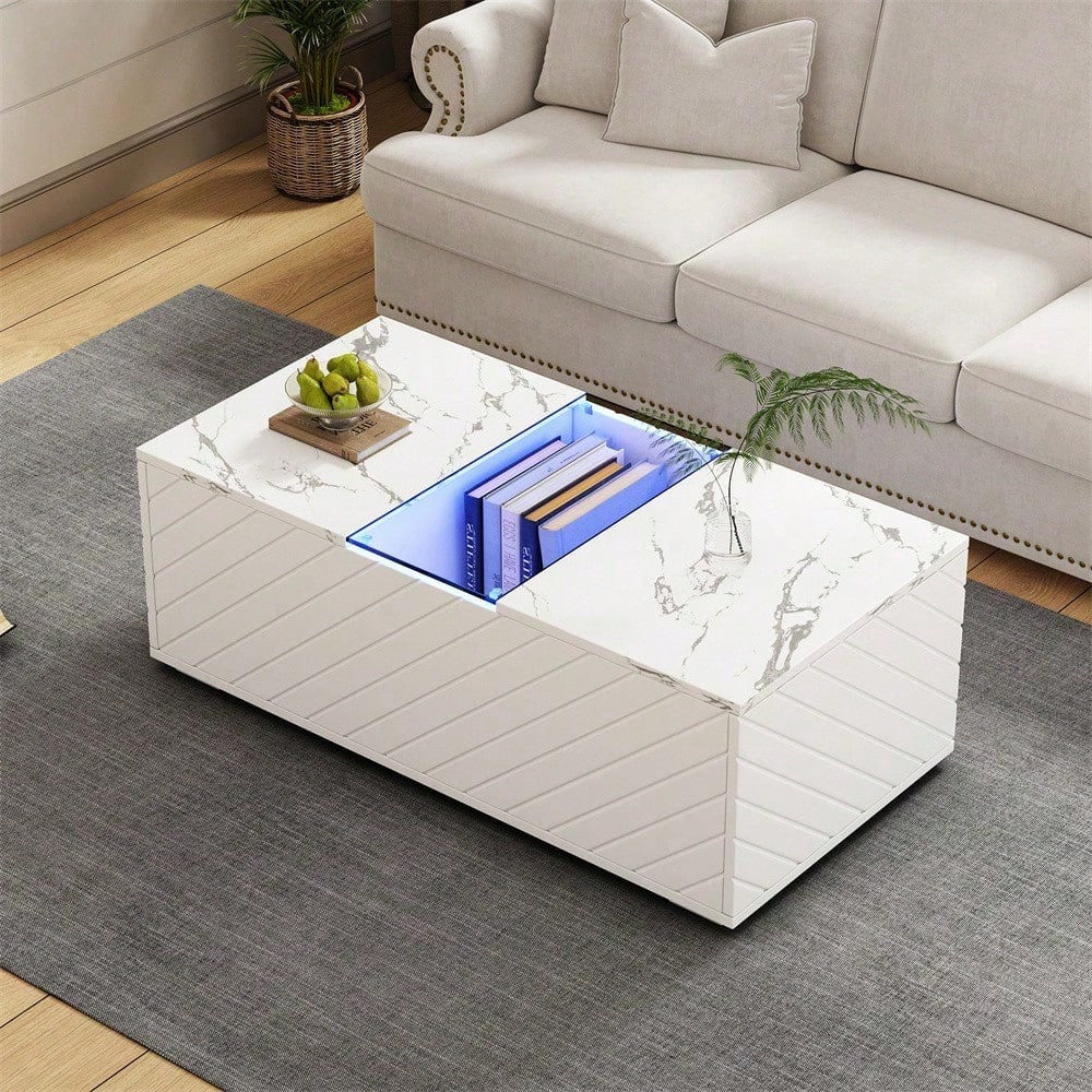 Weißer Couchtisch 100x50x35cm mit Marmoroptik, LED-Beleuchtung, Glas-Element und 2 Schubladen – Belastbar bis 20 kg, modernes Design