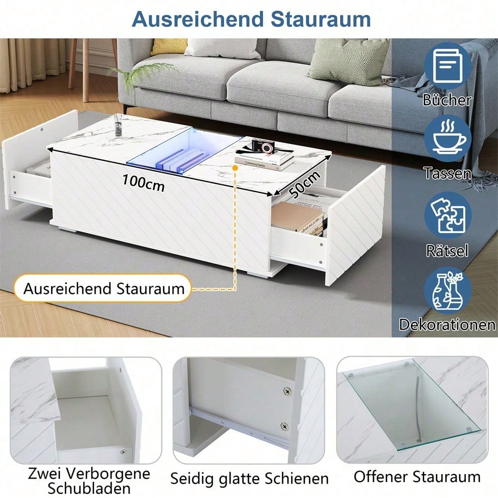 Weißer Couchtisch 100x50x35cm mit Marmoroptik, LED-Beleuchtung, Glas-Element und 2 Schubladen – Belastbar bis 20 kg, modernes Design