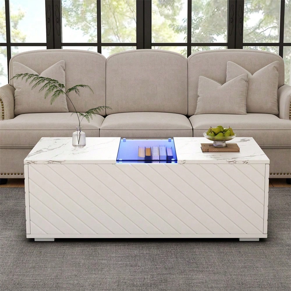 Weißer Couchtisch 100x50x35cm mit Marmoroptik, LED-Beleuchtung, Glas-Element und 2 Schubladen – Belastbar bis 20 kg, modernes Design