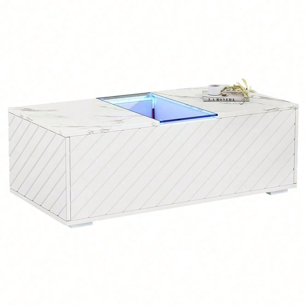 Weißer Couchtisch 100x50x35cm mit Marmoroptik, LED-Beleuchtung, Glas-Element und 2 Schubladen – Belastbar bis 20 kg, modernes Design