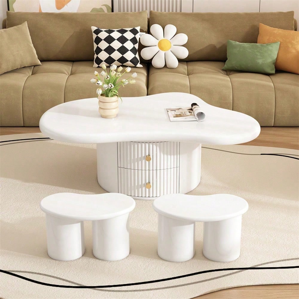 Unregelmäßiger Couchtisch in Wolkenform mit 2 Hockern, 97cm Länge, 67cm Breite, 32cm Höhe, MDF-Tischplatte, inkl. 2 Schubladen und Filzunterlagen,Couchtisch mit 2 kleinen Bänken