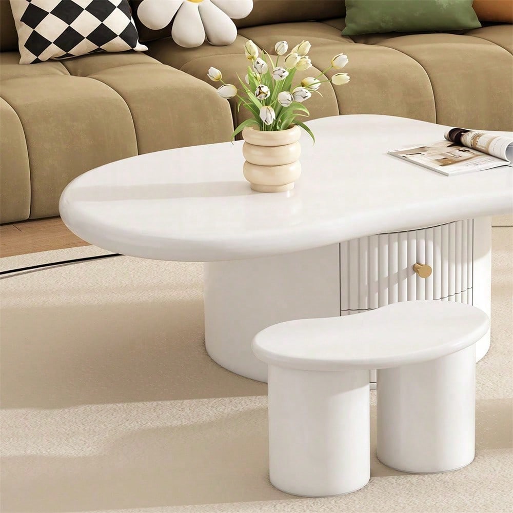 Unregelmäßiger Couchtisch in Wolkenform mit 2 Hockern, 97cm Länge, 67cm Breite, 32cm Höhe, MDF-Tischplatte, inkl. 2 Schubladen und Filzunterlagen,Couchtisch mit 2 kleinen Bänken