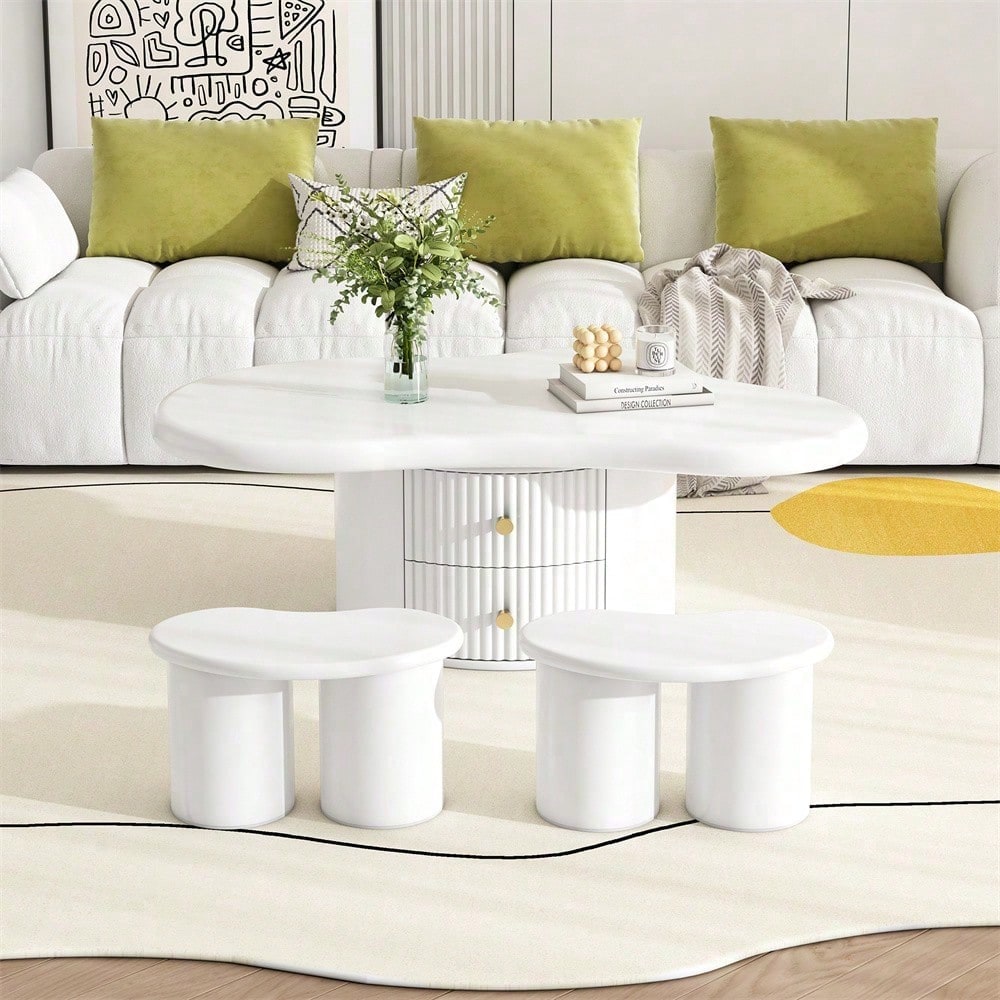 Unregelmäßiger Couchtisch in Wolkenform mit 2 Hockern, 97cm Länge, 67cm Breite, 32cm Höhe, MDF-Tischplatte, inkl. 2 Schubladen und Filzunterlagen,Couchtisch mit 2 kleinen Bänken
