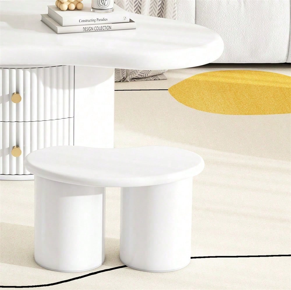 Unregelmäßiger Couchtisch in Wolkenform mit 2 Hockern, 97cm Länge, 67cm Breite, 32cm Höhe, MDF-Tischplatte, inkl. 2 Schubladen und Filzunterlagen,Couchtisch mit 2 kleinen Bänken
