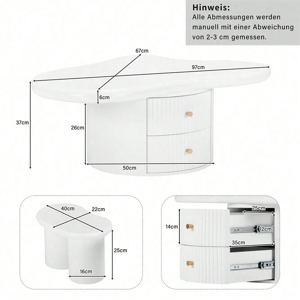 Unregelmäßiger Couchtisch in Wolkenform mit 2 Hockern, 97cm Länge, 67cm Breite, 32cm Höhe, MDF-Tischplatte, inkl. 2 Schubladen und Filzunterlagen,Couchtisch mit 2 kleinen Bänken