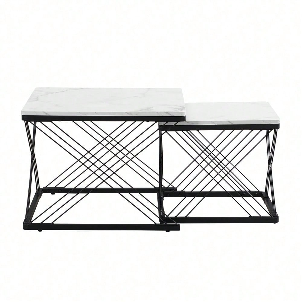 Stilvolles 2-teiliges Couchtisch-Set, quadratische Tische in 60*60*45cm & 45*45*40cm, hochglänzende Marmoroptik, höhenverstellbare Füße, bis 30kg belastbar,Hochglanz-Kombi-Couchtisch