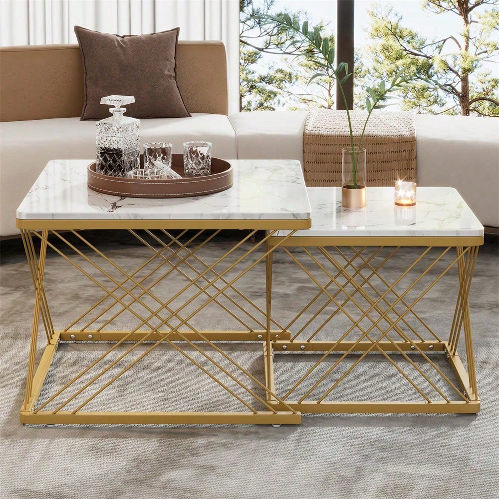 Stilvolles 2-teiliges Couchtisch-Set, quadratische Tische in 60*60*45cm & 45*45*40cm, hochglänzende Marmoroptik, höhenverstellbare Füße, bis 30kg belastbar,Hochglanz-Kombi-Couchtisch