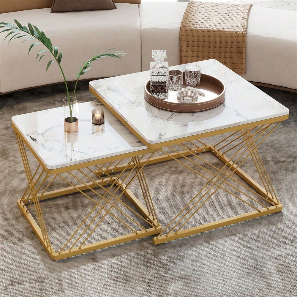 Stilvolles 2-teiliges Couchtisch-Set, quadratische Tische in 60*60*45cm & 45*45*40cm, hochglänzende Marmoroptik, höhenverstellbare Füße, bis 30kg belastbar,Hochglanz-Kombi-Couchtisch