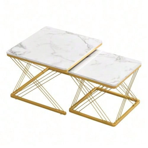 Stilvolles 2-teiliges Couchtisch-Set, quadratische Tische in 60*60*45cm & 45*45*40cm, hochglänzende Marmoroptik, höhenverstellbare Füße, bis 30kg belastbar,Hochglanz-Kombi-Couchtisch