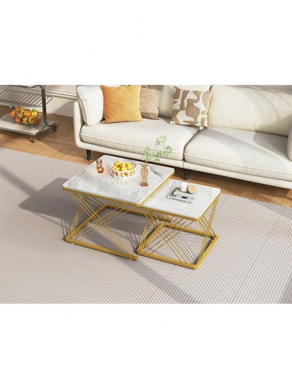 Stilvolles 2-teiliges Couchtisch-Set, quadratische Tische in 60*60*45cm & 45*45*40cm, hochglänzende Marmoroptik, höhenverstellbare Füße, bis 30kg belastbar,Hochglanz-Kombi-Couchtisch