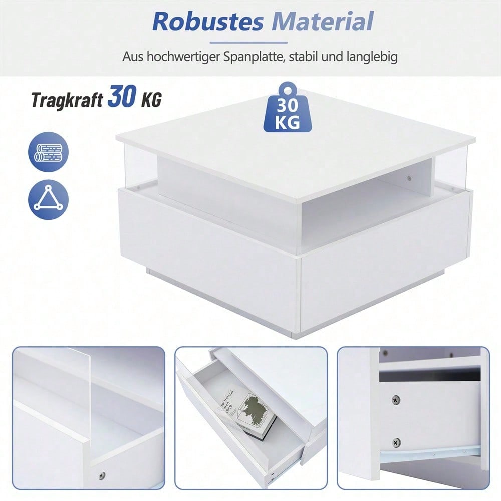 Modernes Hochglanz-LED-Couchtisch Kaffeetisch 70*70*41cm mit 2 Schubladen und transparentem Präsentationsbereich – Belastbar bis 30 kg, ideal für stilvolle Wohnzimmer