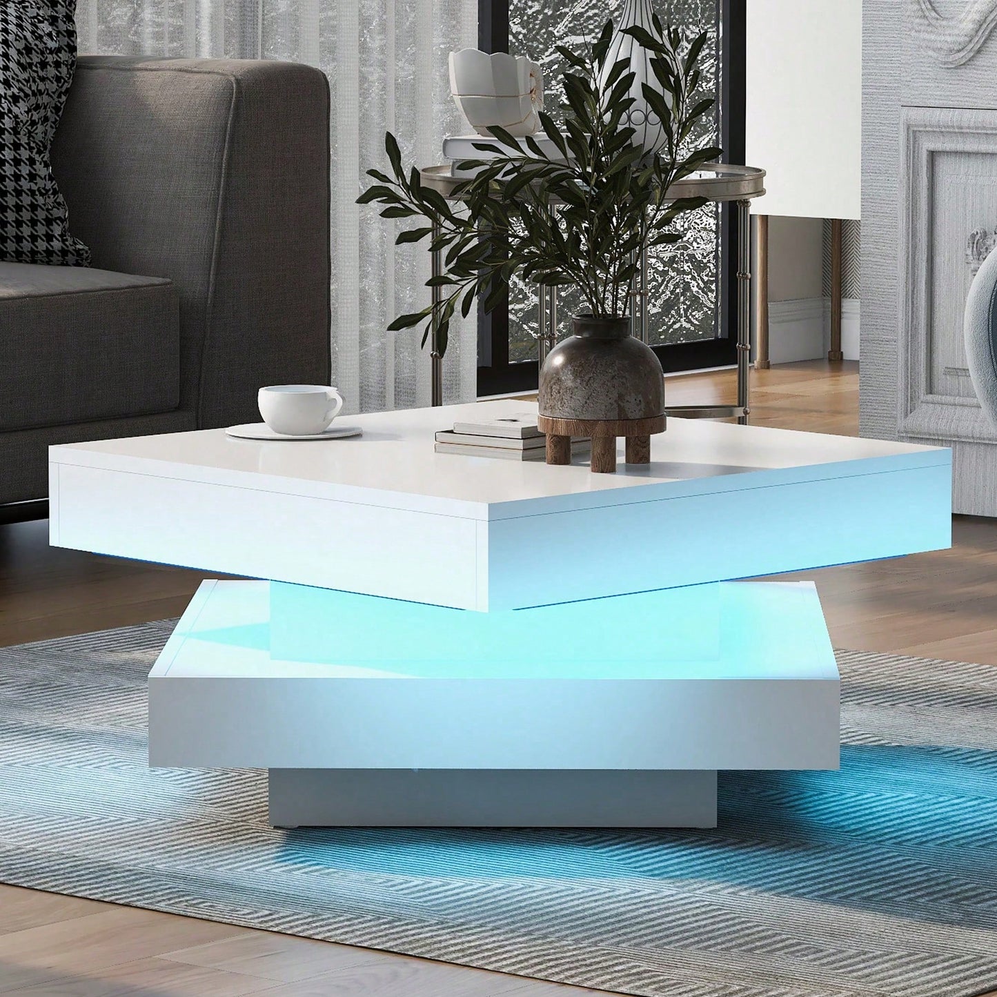 Weißer quadratischer Hochglanz-Couchtisch mit drehbarer Platte - Moderner Techno-Stil mit 16-farbigem LED-Licht, 70x70x36 cm