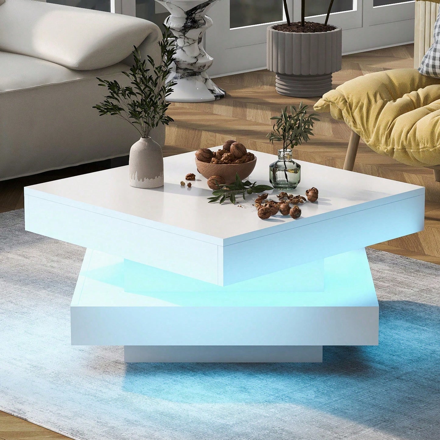 Weißer quadratischer Hochglanz-Couchtisch mit drehbarer Platte - Moderner Techno-Stil mit 16-farbigem LED-Licht, 70x70x36 cm