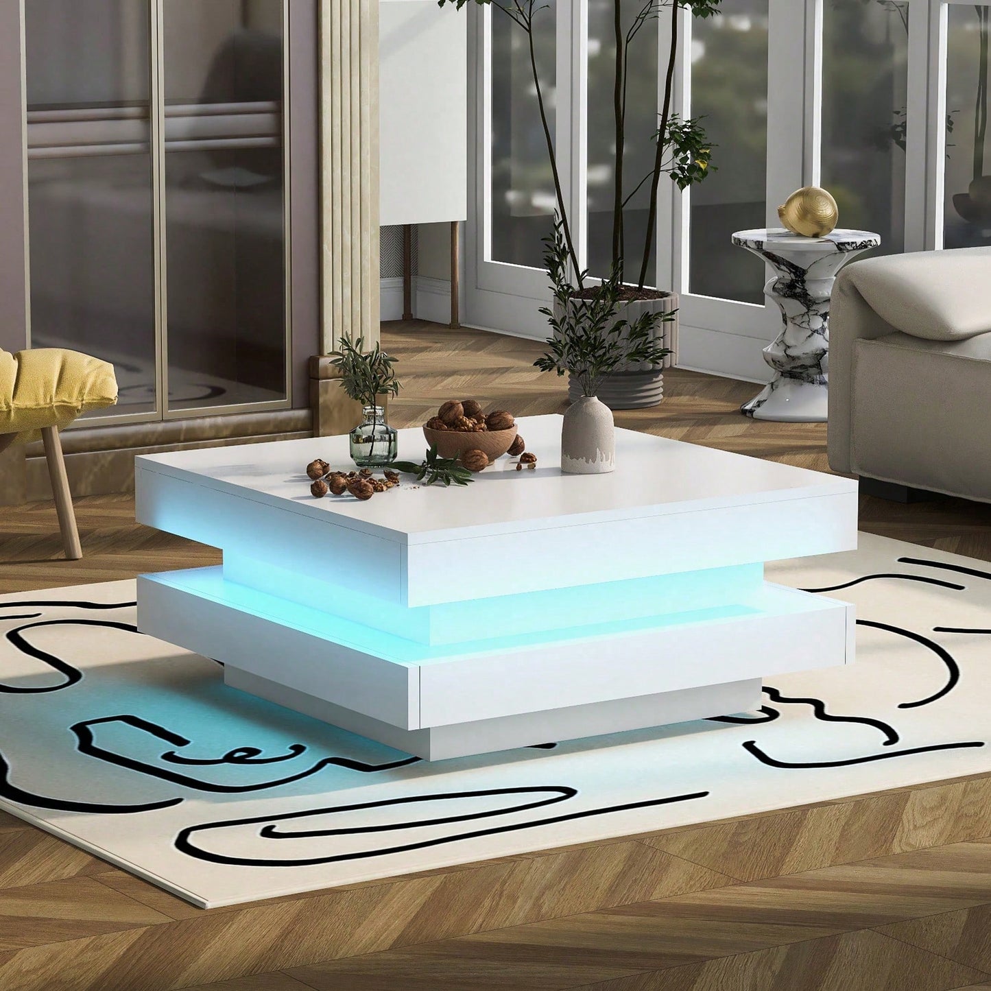 Weißer quadratischer Hochglanz-Couchtisch mit drehbarer Platte - Moderner Techno-Stil mit 16-farbigem LED-Licht, 70x70x36 cm
