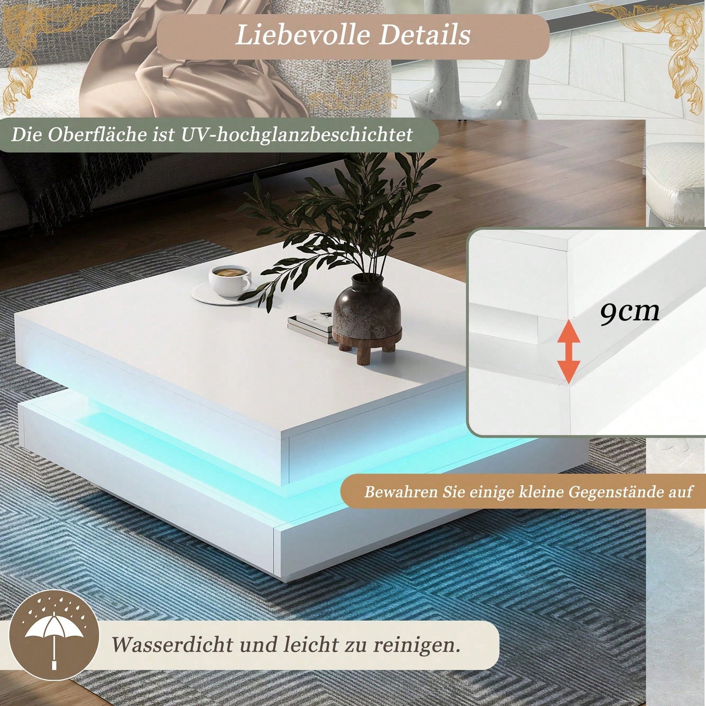 Weißer quadratischer Hochglanz-Couchtisch mit drehbarer Platte - Moderner Techno-Stil mit 16-farbigem LED-Licht, 70x70x36 cm