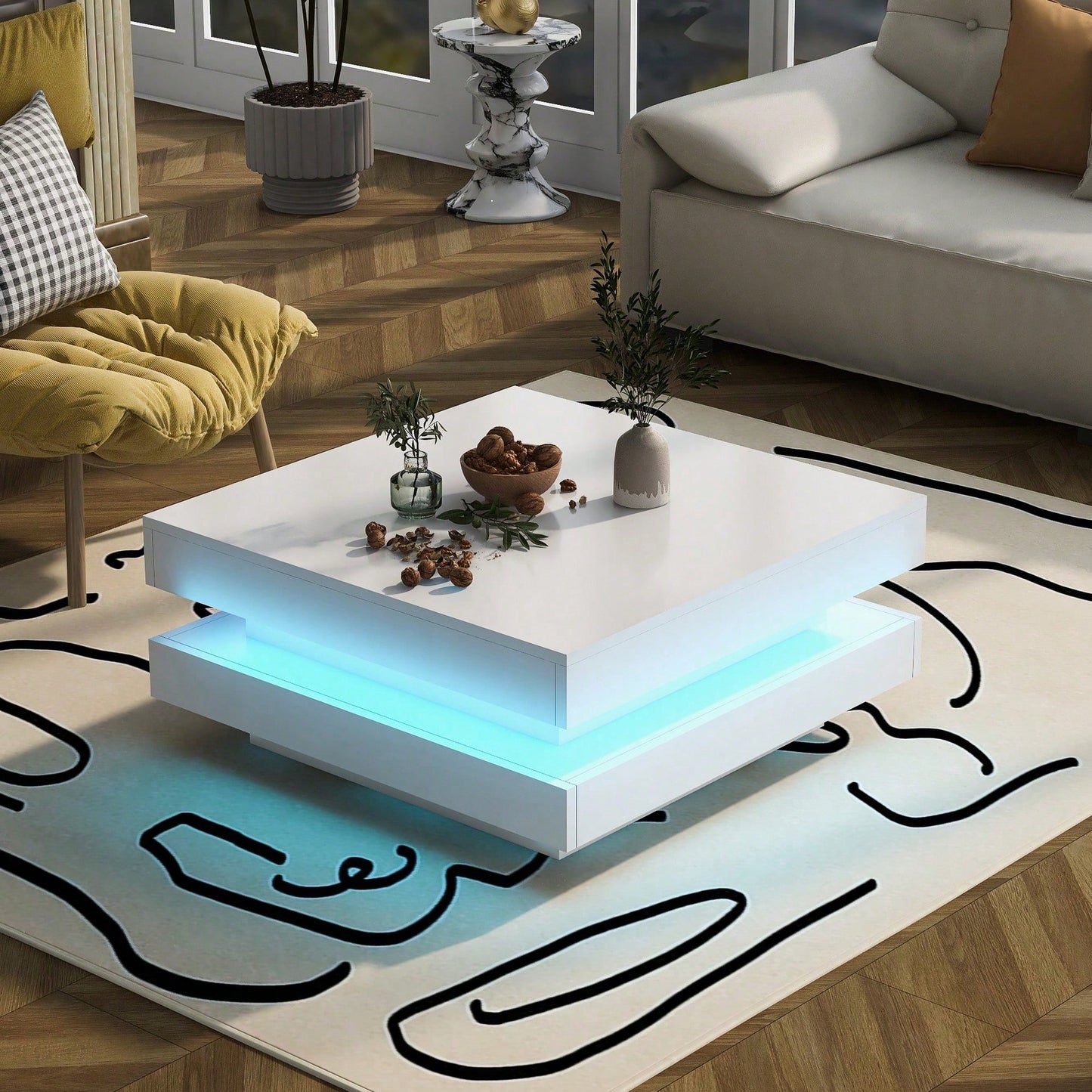 Weißer quadratischer Hochglanz-Couchtisch mit drehbarer Platte - Moderner Techno-Stil mit 16-farbigem LED-Licht, 70x70x36 cm