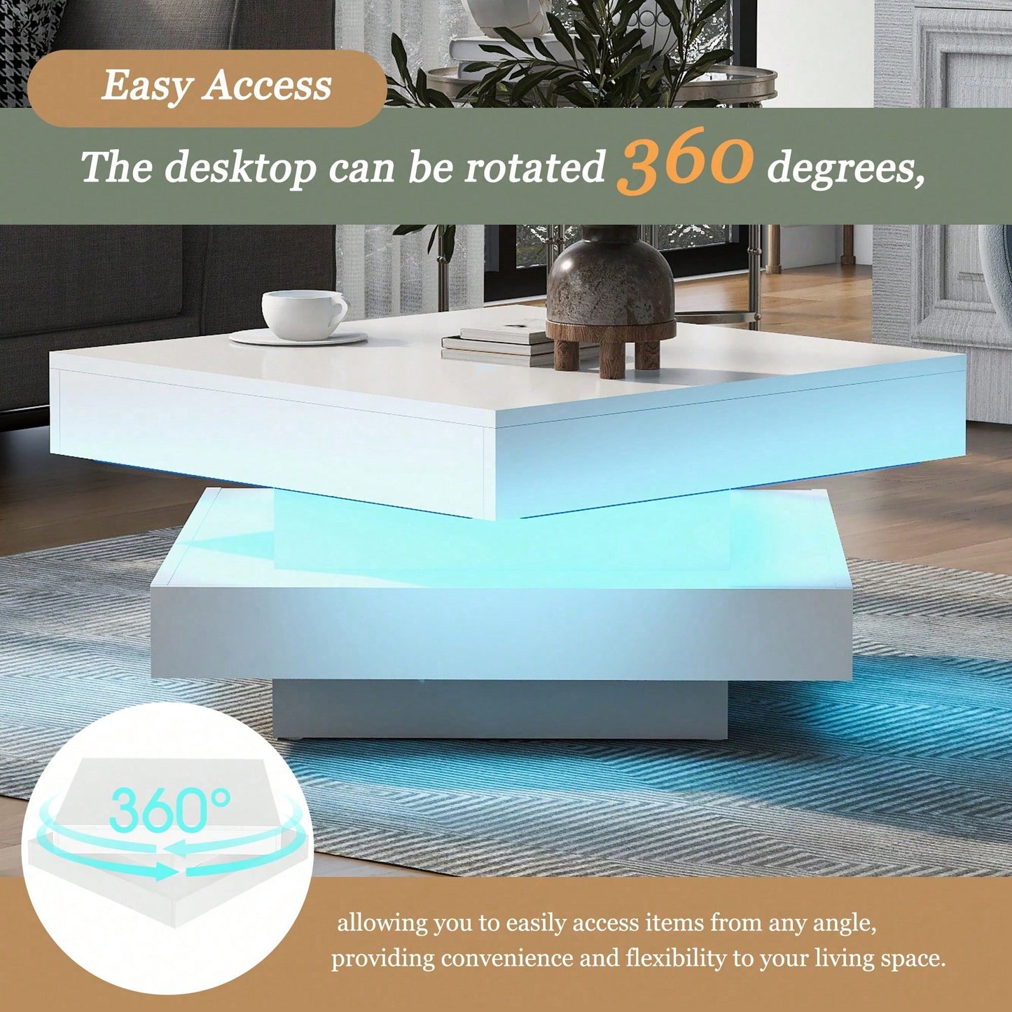 Weißer quadratischer Hochglanz-Couchtisch mit drehbarer Platte - Moderner Techno-Stil mit 16-farbigem LED-Licht, 70x70x36 cm