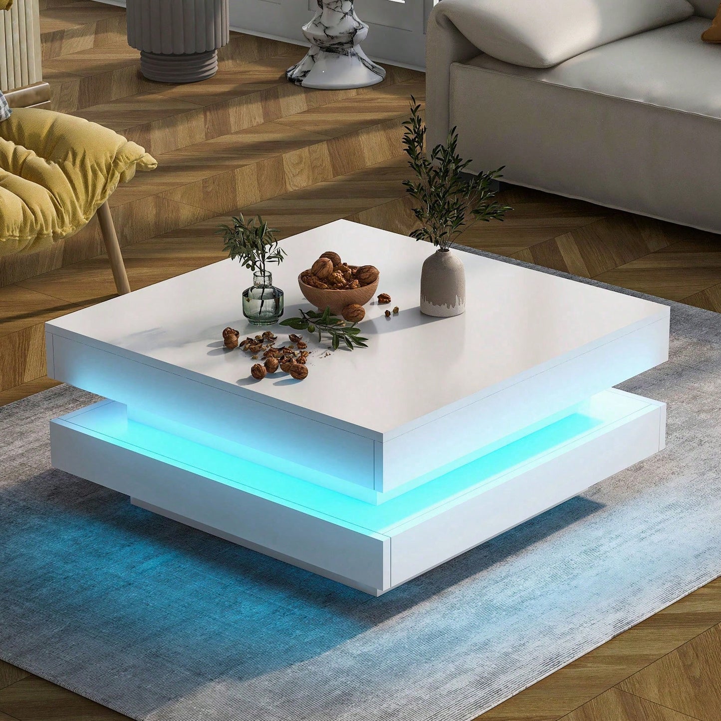 Weißer quadratischer Hochglanz-Couchtisch mit drehbarer Platte - Moderner Techno-Stil mit 16-farbigem LED-Licht, 70x70x36 cm