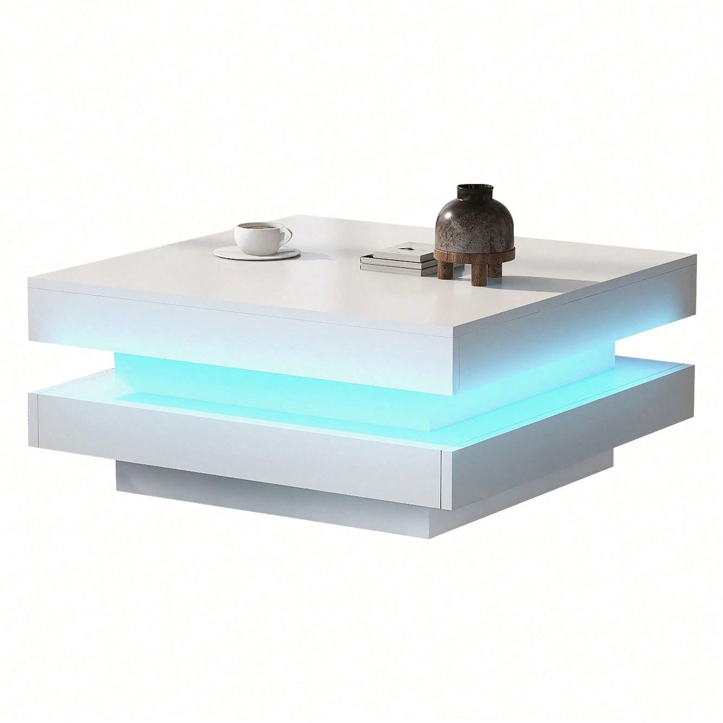 Weißer quadratischer Hochglanz-Couchtisch mit drehbarer Platte - Moderner Techno-Stil mit 16-farbigem LED-Licht, 70x70x36 cm