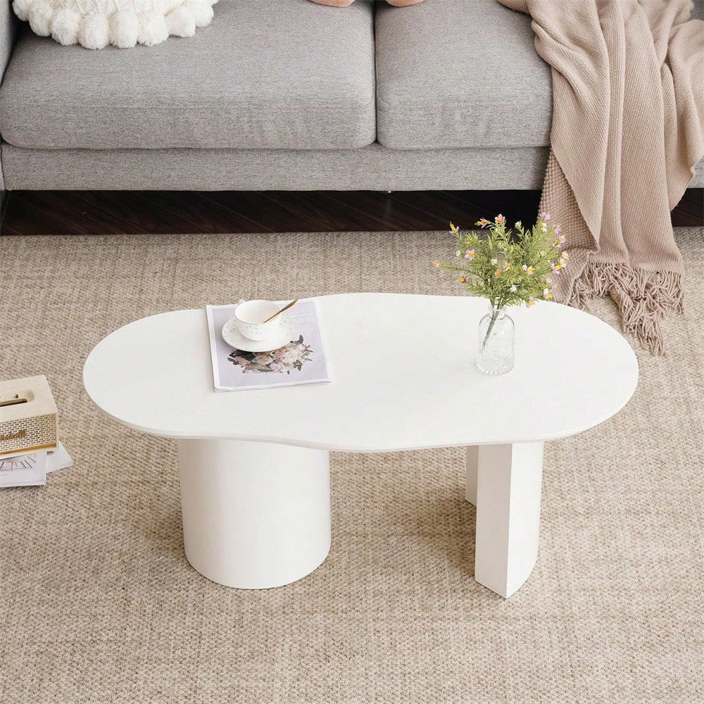 Stabiler und langlebiger 100 cm langer weißer unregelmäßiger Couchtisch - hochwertiges MDF, lackierte Oberfläche, zarte Haptik, unregelmäßige und elegant geschwungene Tischplatte
