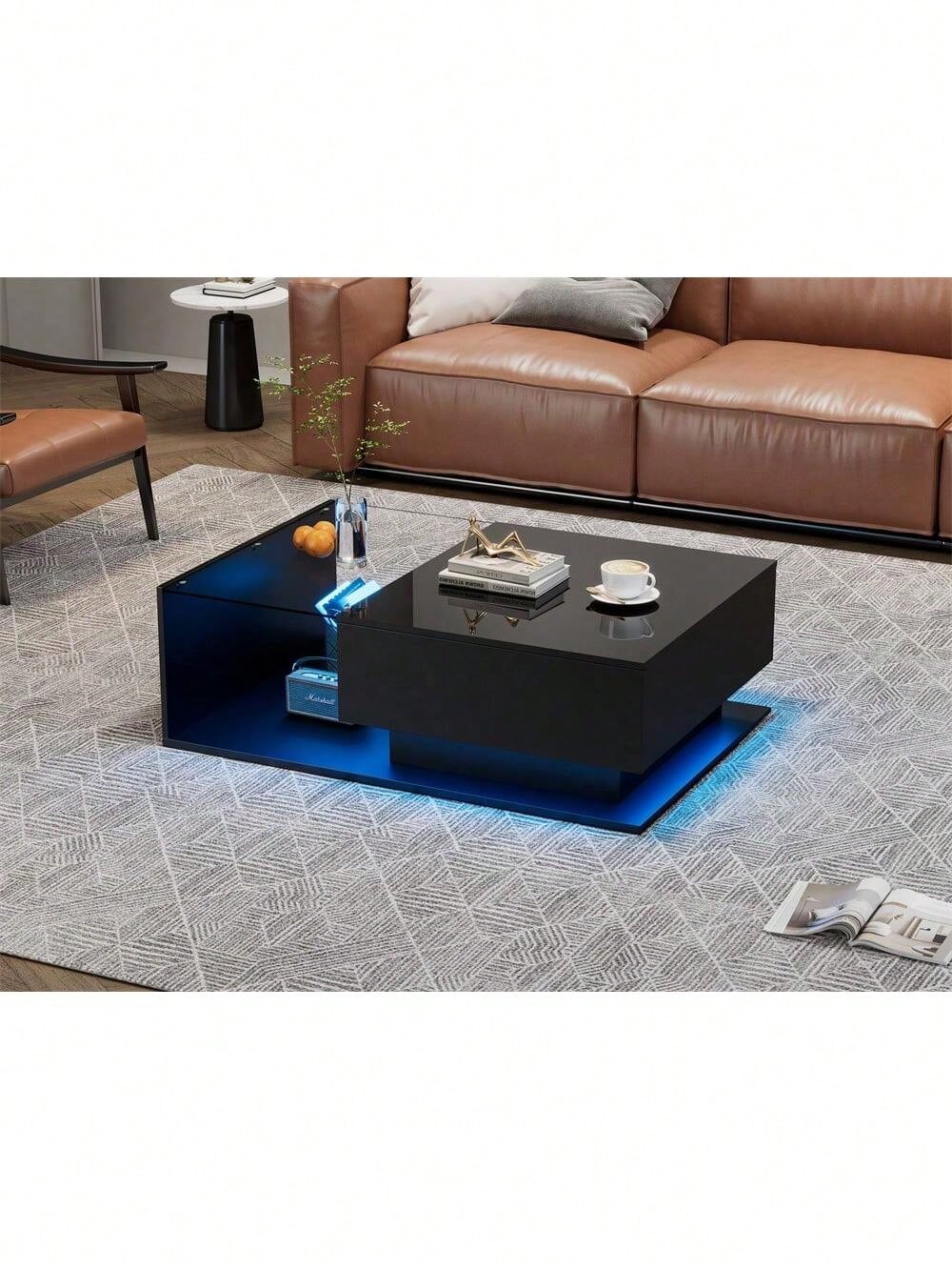 Hochglanz schwarzer Couchtisch 100x50x32 cm - mit Glasplatte und Schubladen, kratzfest, mit 1 Schublade, mit LED-Beleuchtung, moderner Stil