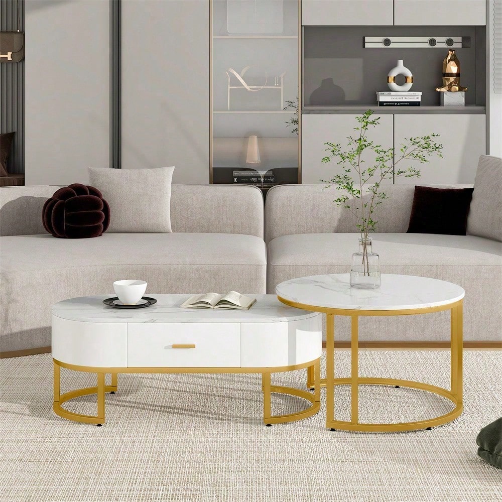 Couchtische 2-teilig Tischgestell Metall Gold, Edle Wohnzimmertische, Moderne Satztische