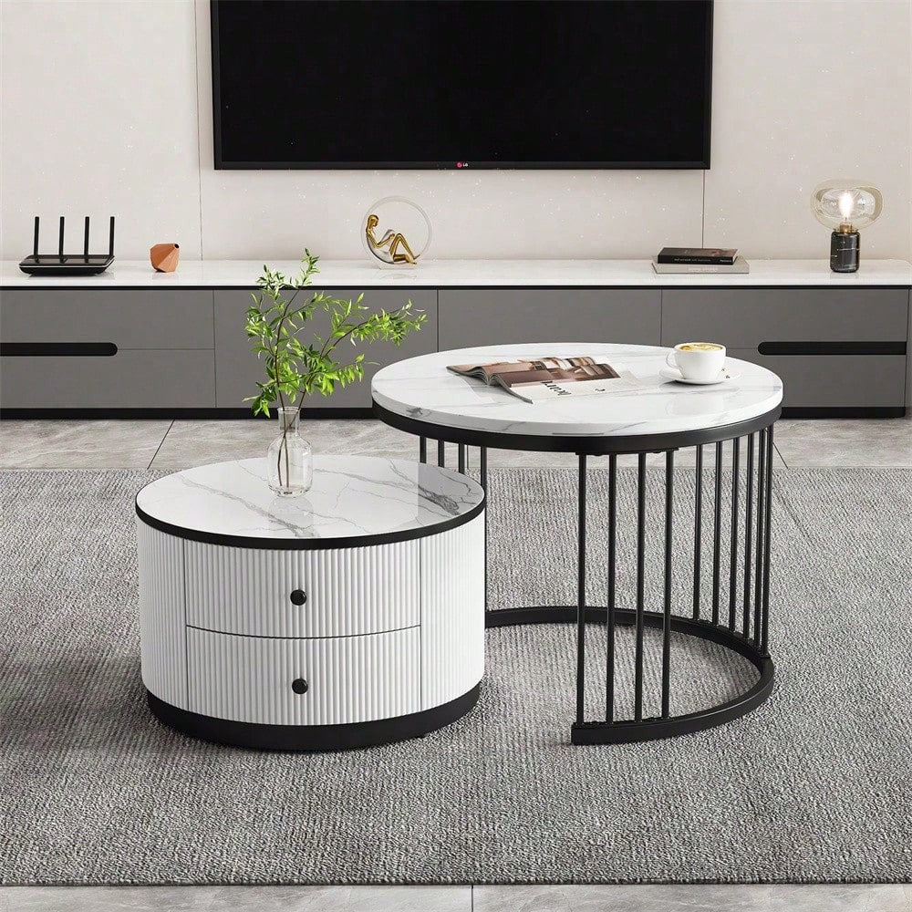 Elegantes 2-teiliges, weißes Couchtisch-Set in Nestform, 60*60*45.5cm & 50*50*32cm, runde Tische mit hochglänzender Marmoroptik, 2 Schubladen, bis 30kg belastbar,Nesting-Kombination Couchtisch
