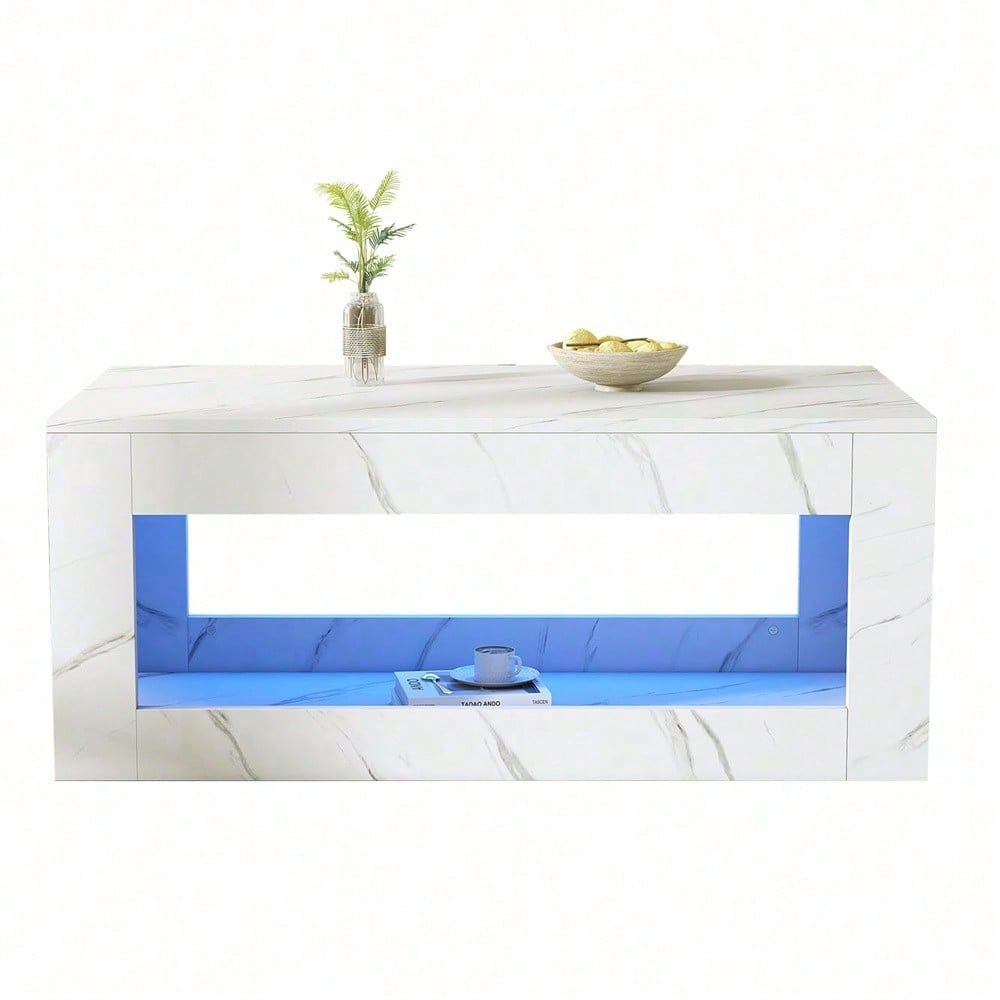Moderner LED-Couchtisch, Couchtisch für Wohnzimmer, Sofatisch, Wohnzimmertisch,Hochglanz-Couchtisch mit Fernbedienung, großer Couchtisch mit Marmordruck (weiß