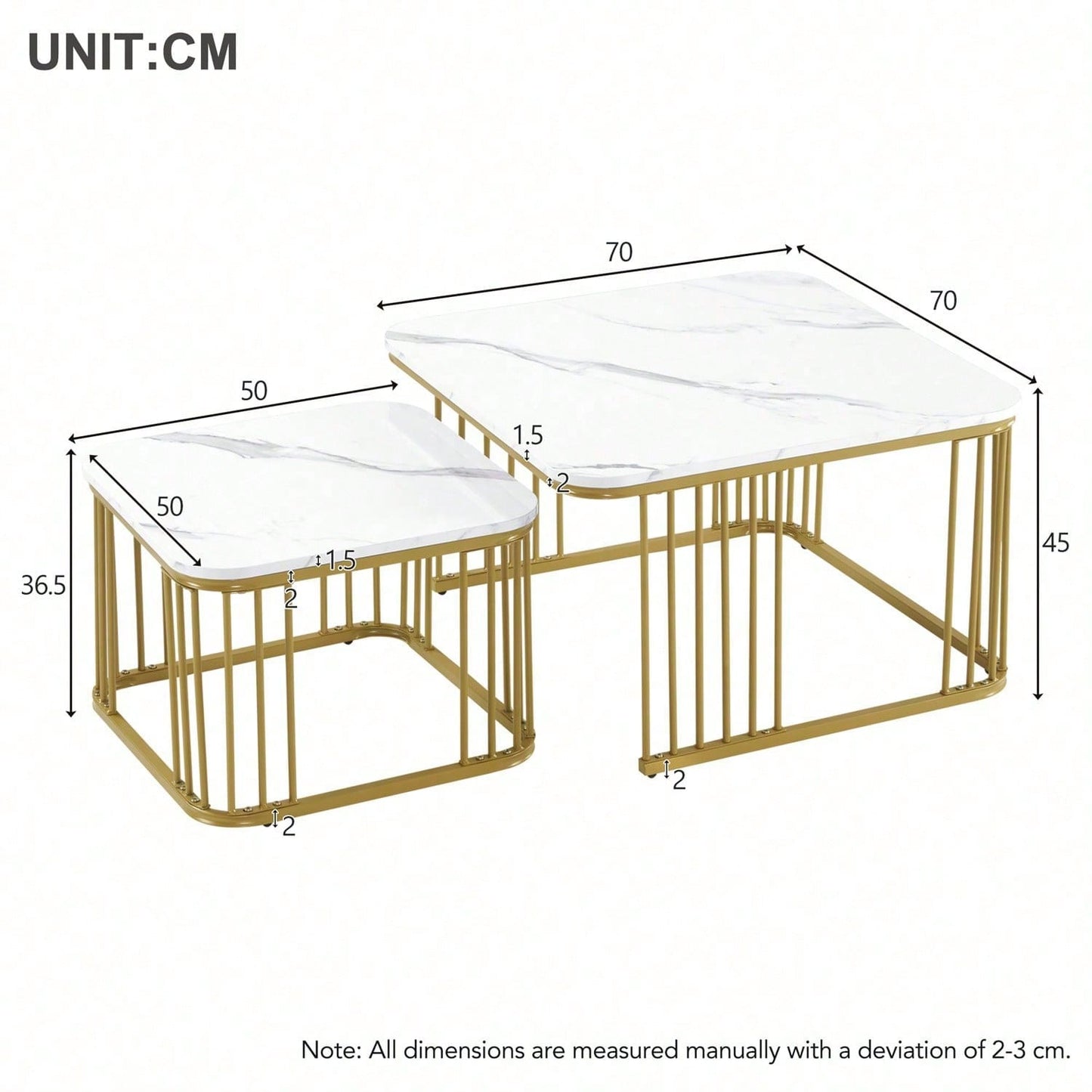 2er Set quadratische Hochglanz-Marmoroptik-Couchtische, ineinander schiebbare Tische mit goldenen Beinen, 70x70x45cm und 50x50x36,5cm, vielseitig einsetzbar
