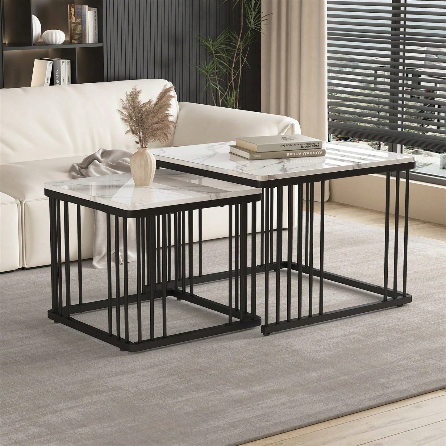 Stilvolles 2-teiliges Couchtisch-Set, quadratische Tische in 60*60*45cm & 45*45*40cm, hochglänzende Marmoroptik, höhenverstellbare Füße, bis 30kg belastbar,Hochglanz-Kombi-Couchtisch