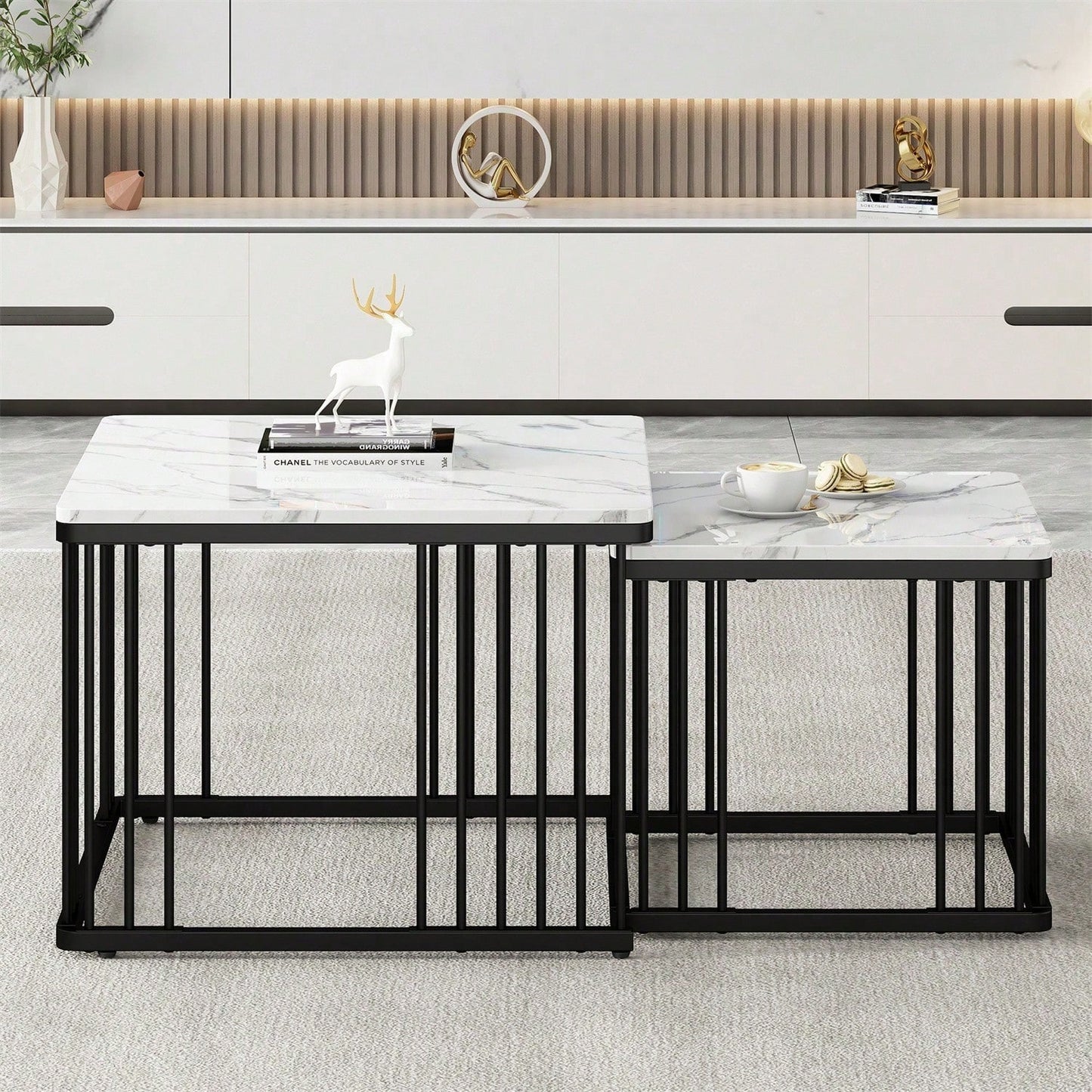 Stilvolles 2-teiliges Couchtisch-Set, quadratische Tische in 60*60*45cm & 45*45*40cm, hochglänzende Marmoroptik, höhenverstellbare Füße, bis 30kg belastbar,Hochglanz-Kombi-Couchtisch