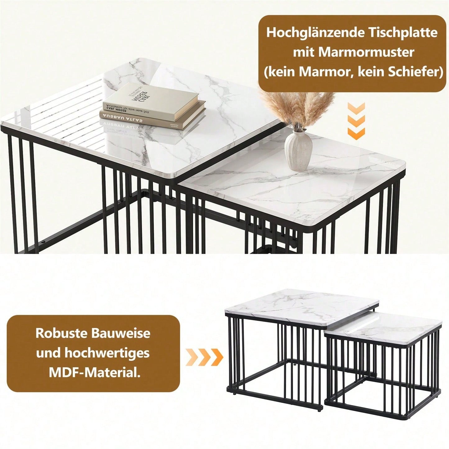 Stilvolles 2-teiliges Couchtisch-Set, quadratische Tische in 60*60*45cm & 45*45*40cm, hochglänzende Marmoroptik, höhenverstellbare Füße, bis 30kg belastbar,Hochglanz-Kombi-Couchtisch