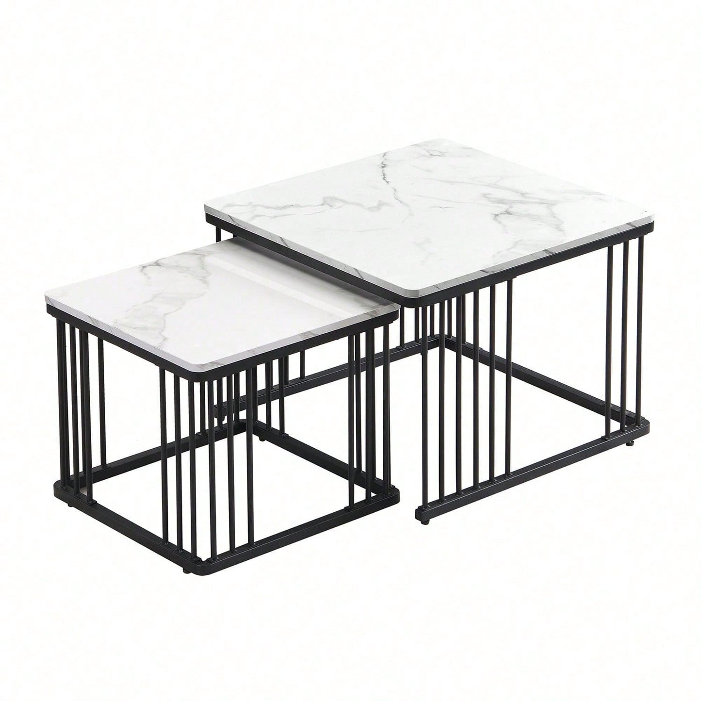 Stilvolles 2-teiliges Couchtisch-Set, quadratische Tische in 60*60*45cm & 45*45*40cm, hochglänzende Marmoroptik, höhenverstellbare Füße, bis 30kg belastbar,Hochglanz-Kombi-Couchtisch
