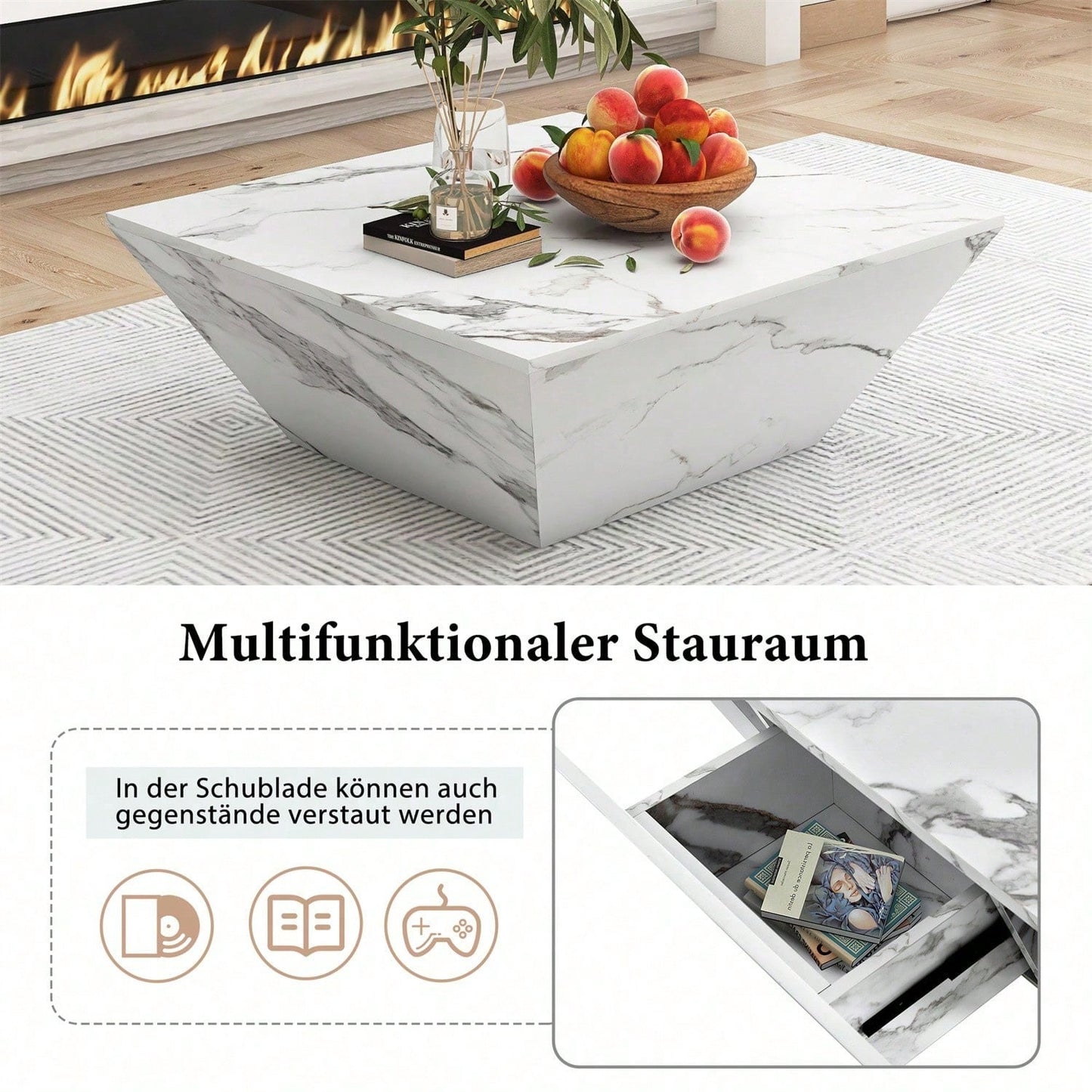 Moderner Trommel Couchtisch, Trapezförmiger weißer Marmorfurnier Couchtisch, Wohnzimmertisch 70*70*37cm