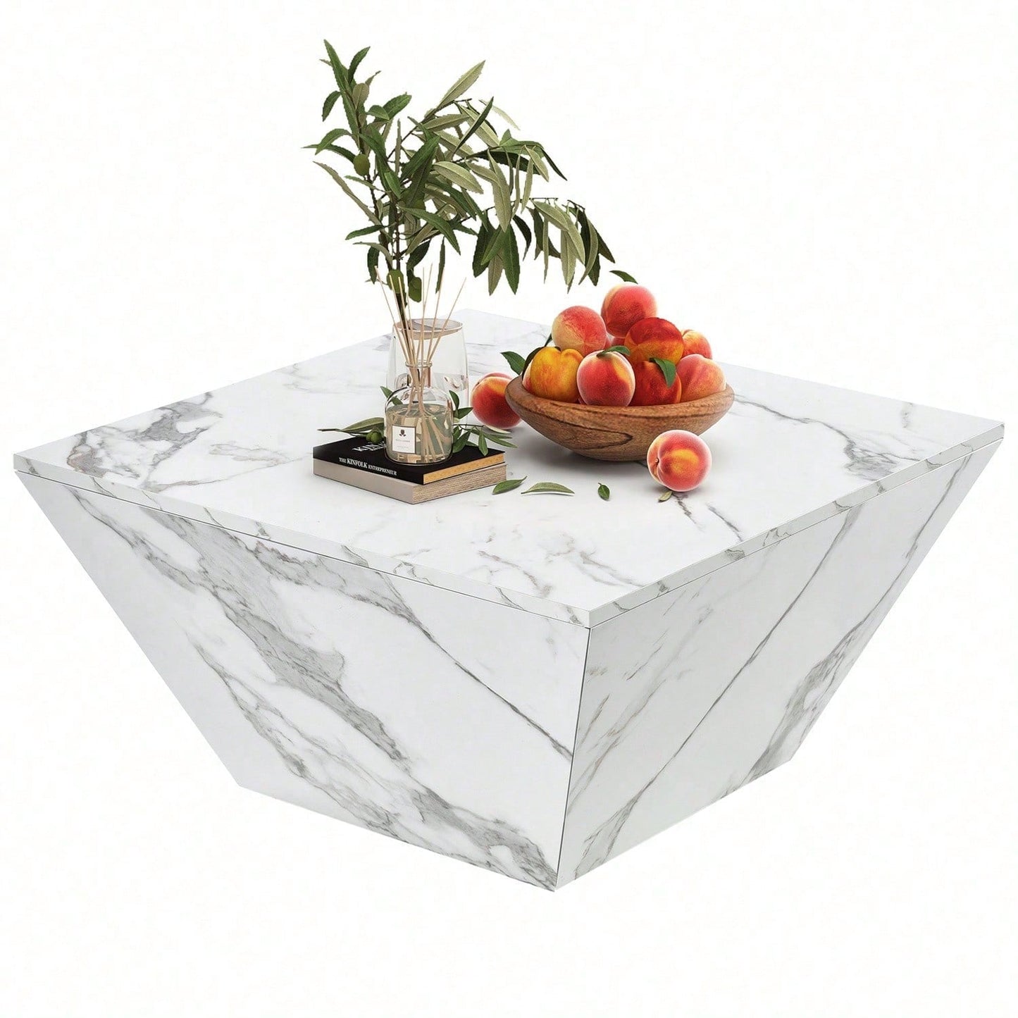 Moderner Trommel Couchtisch, Trapezförmiger weißer Marmorfurnier Couchtisch, Wohnzimmertisch 70*70*37cm