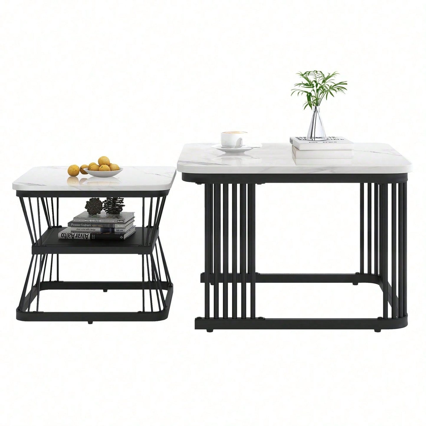 2er-Set moderne Beistelltische, MDF in Marmoroptik, Stahlrohr weiß hochglänzend schwarz, 2 Tische mit den Maßen 65x65x45 cm und 45x45x39,5 cm