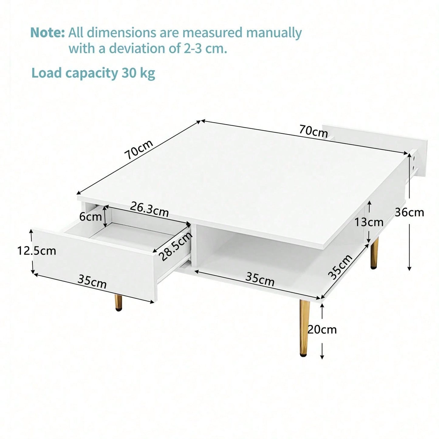 Quadratischer Couchtisch in Hochglanz Weiß mit zwei Schubladen, zwei offenen Fächern und goldfarbenen Beinen – 70 x 70 x 36 cm – Belastbar bis 30 kg