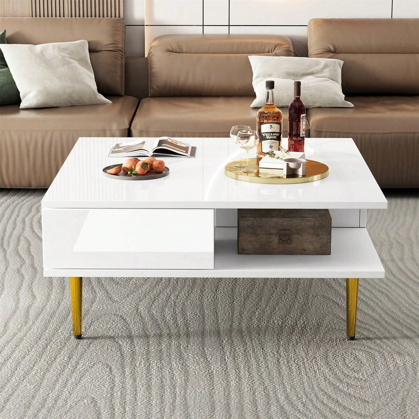 Quadratischer Couchtisch in Hochglanz Weiß mit zwei Schubladen, zwei offenen Fächern und goldfarbenen Beinen – 70 x 70 x 36 cm – Belastbar bis 30 kg