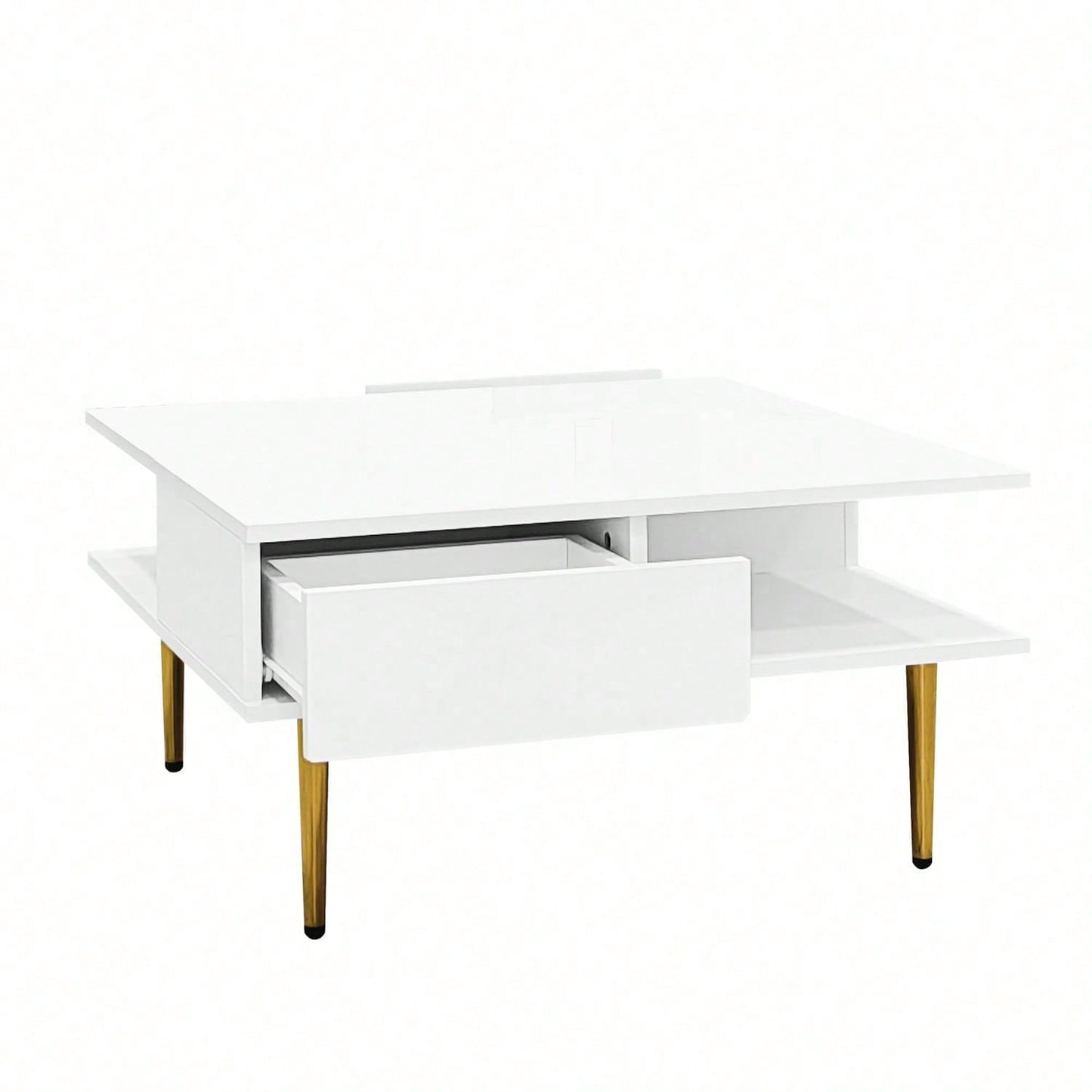 Quadratischer Couchtisch in Hochglanz Weiß mit zwei Schubladen, zwei offenen Fächern und goldfarbenen Beinen – 70 x 70 x 36 cm – Belastbar bis 30 kg