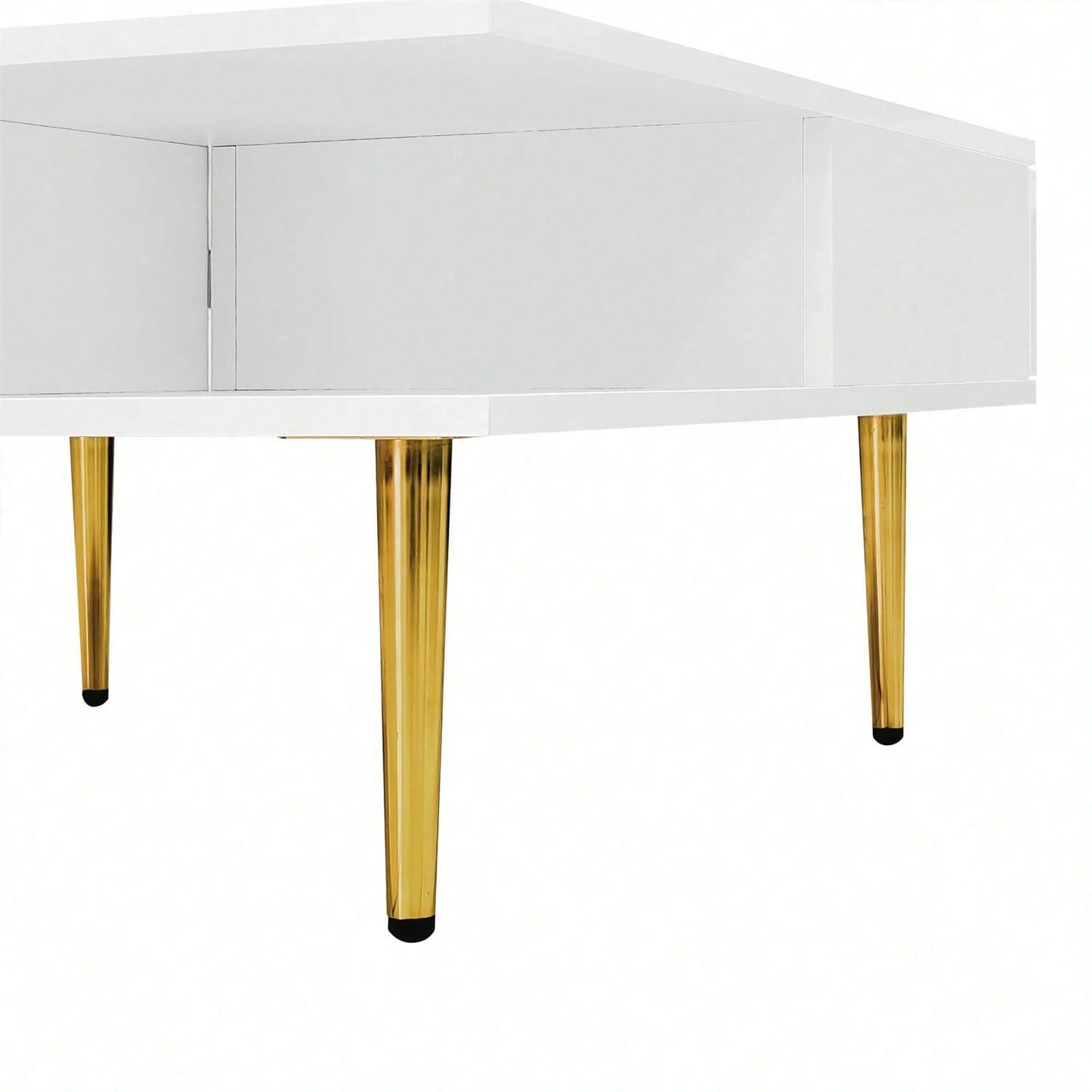 Quadratischer Couchtisch in Hochglanz Weiß mit zwei Schubladen, zwei offenen Fächern und goldfarbenen Beinen – 70 x 70 x 36 cm – Belastbar bis 30 kg